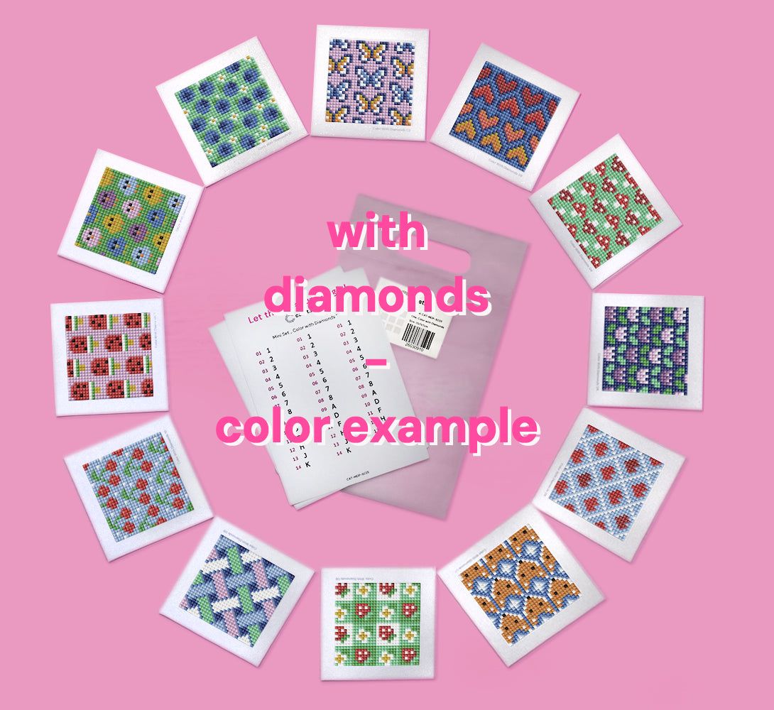 Diamond Painting Mini Set von cearat.com mit 12 kleinen Leinwänden mit schwarz-weiß-Druck für übriggebliebene Reststeine beispielhaft mit farbigen Steinen dargestellt