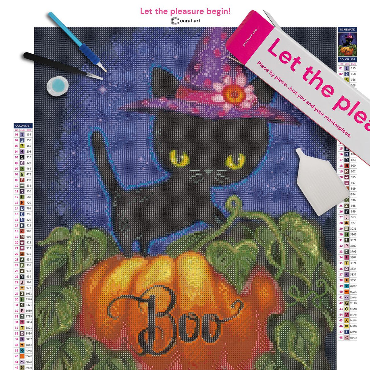 Diamond Painting Set mit Halloween Katzen Motiv, Leinwand, cearat.com Karton und Zubehör