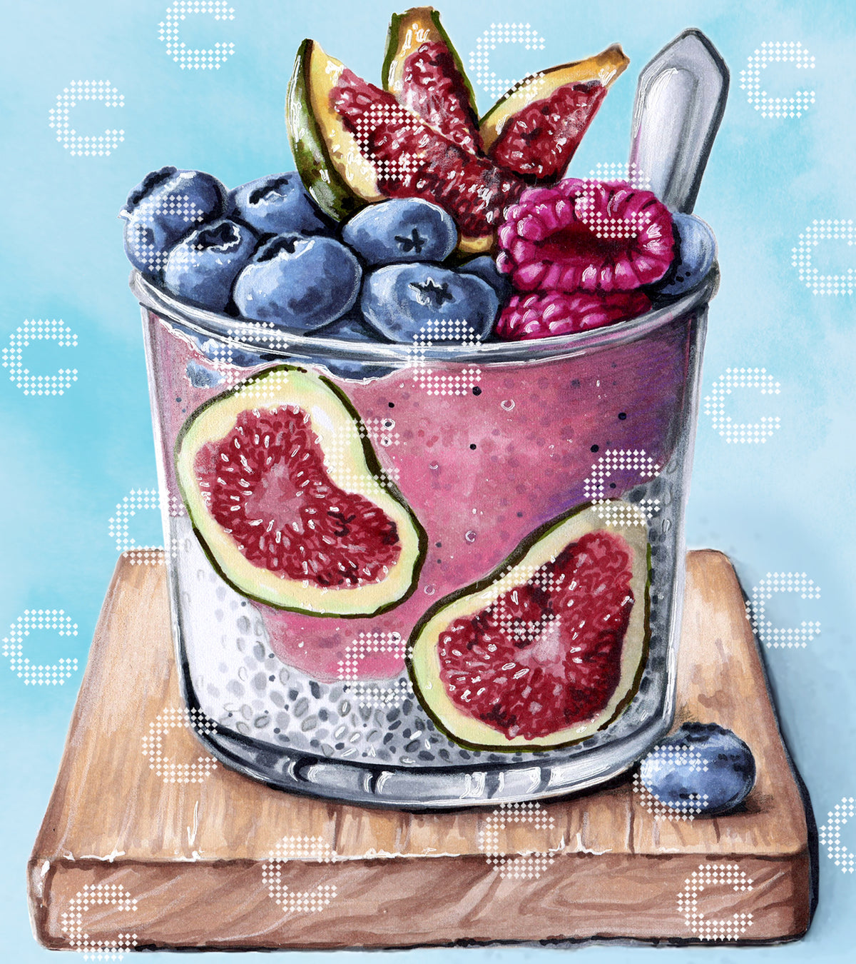 Diamond Painting Originalbild mit einem Glas cremigem Chia-Joghurt inklusive Löffel, verfeinert mit Feigen, Blaubeeren und Himbeeren, auf einem Holzbrett