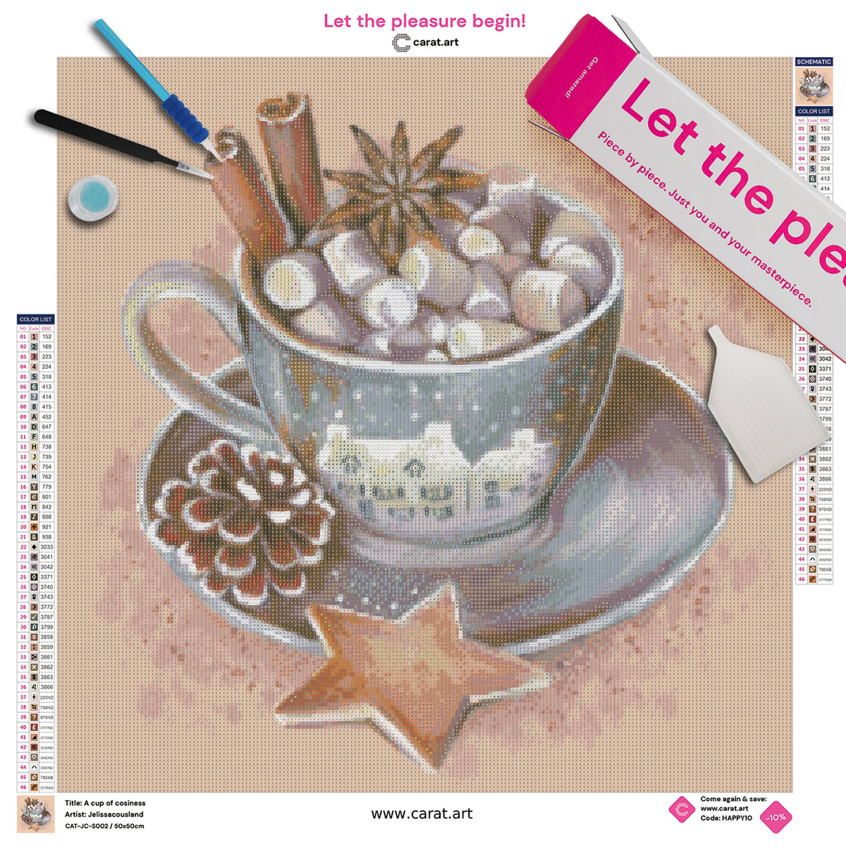 Diamond Painting Bastelset mit winterlichem Tassenmotiv inklusive Leinwand, cearat.com Karton und hochwertigem Zubehör