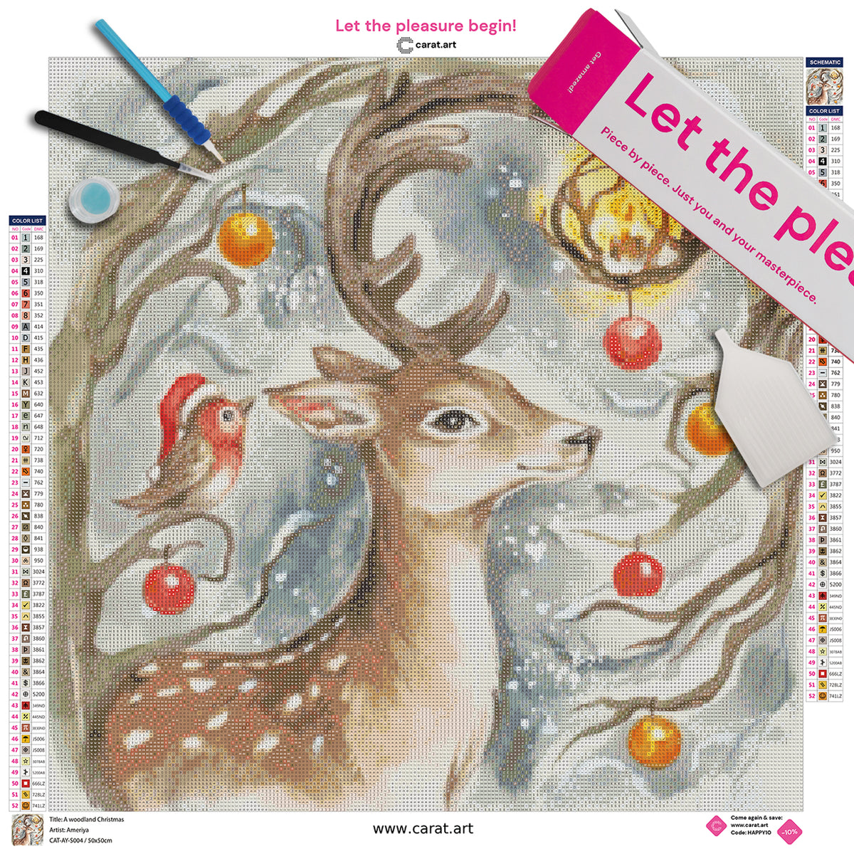 Diamond Painting Set mit Hirsch, Rotkehlchen mit Weihnachtsmannmütze, leuchtender Kerze und verschneiten, festlich geschmückten Zweigen inklusive Leinwand, cearat.com Karton und hochwertigem Zubehör