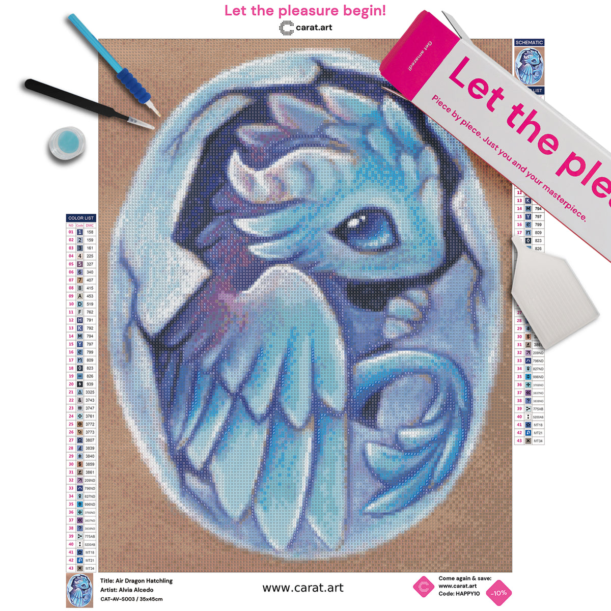 Diamond Painting Set mit kleinem hellblauen Drachen beim Schlüpfen aus einem hellblauen Ei inklusive Leinwand, cearat.com Karton und hochwertigem Zubehör