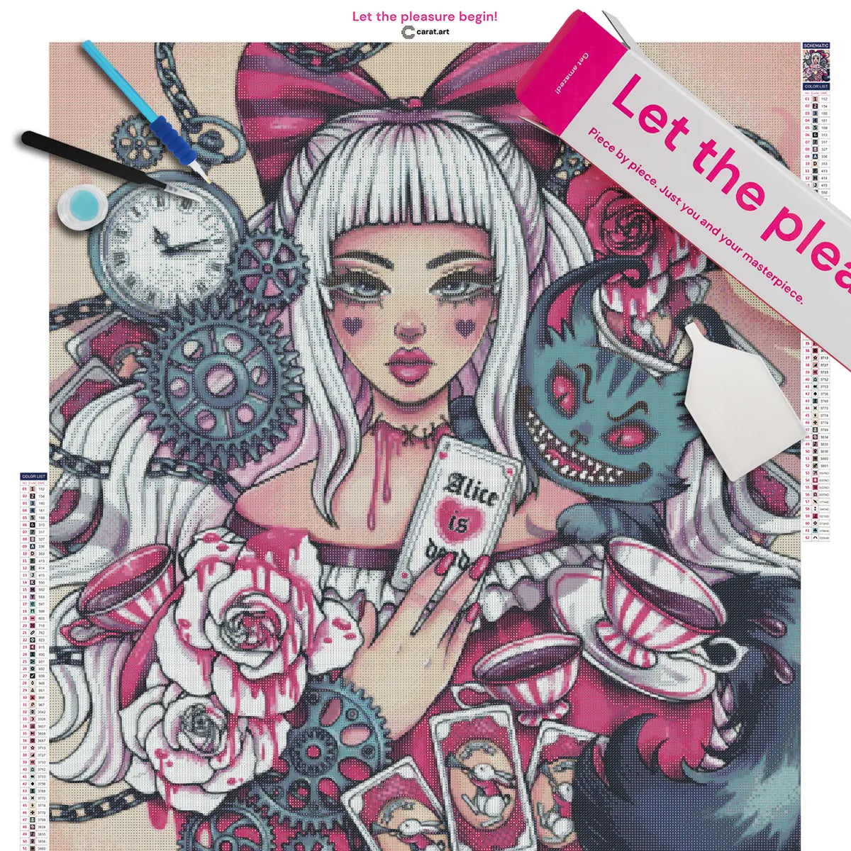 Diamond Painting Set mit Alice und der Grinsekatze in einer geheimnisvollen Wunderland-Szene mit Teeparty und Kartenspiel inklusive Leinwand, cearat.com Karton und hochwertigem Zubehör
