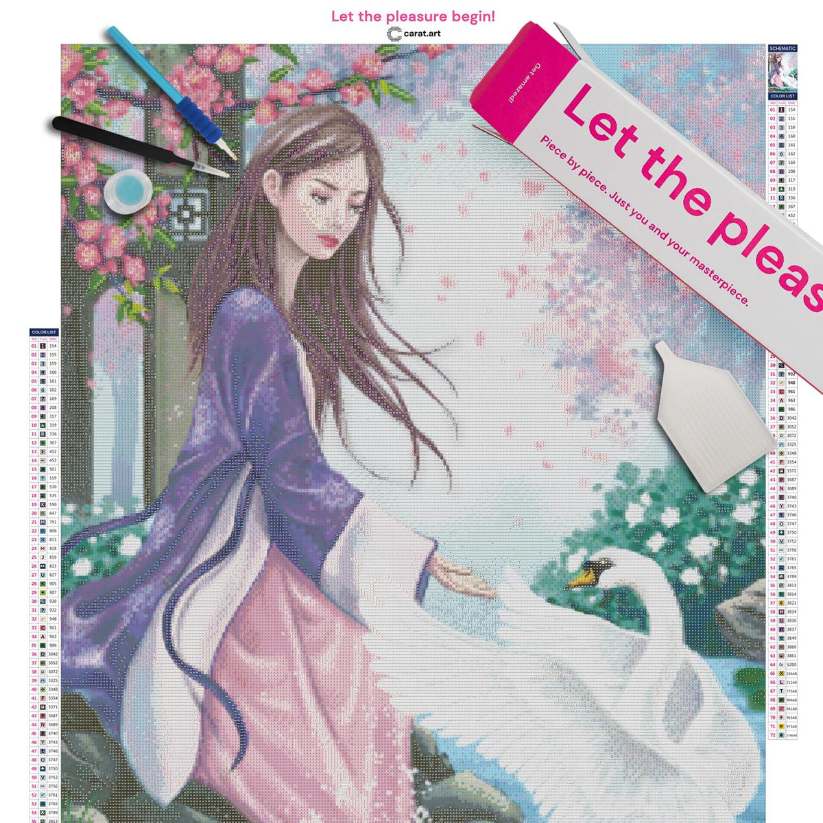 Diamond Painting Set mit Schwan und asiatischem Garten inklusive Leinwand, cearat.com Karton und hochwertigem Zubehör