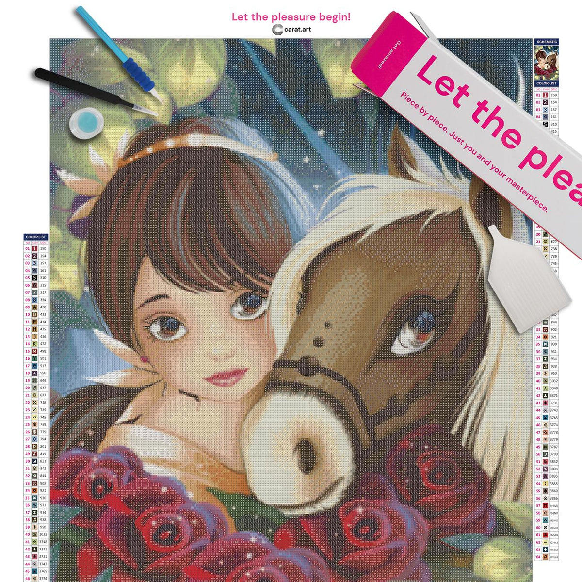 Diamond Painting Set mit Belle Portrait und Rosenmotiv inklusive Leinwand, cearat.com Karton und hochwertigem Zubehör