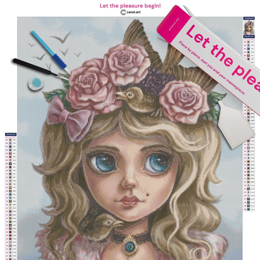 Diamond Painting Set mit Mädchen, Rosenkrone und zwei kleinen Vögeln inklusive Leinwand, cearat.com Karton und hochwertigem Zubehör