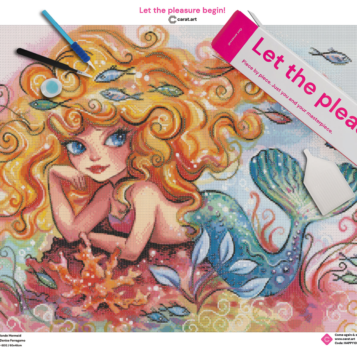 Premium Diamond Painting Set mit blonder Meerjungfrau, goldenem Lockenhaar, schimmerndem Fischschwanz und farbenfroher Unterwasserwelt auf Leinwand, mit Diamond Painting Zubehör und cearat.com Karton