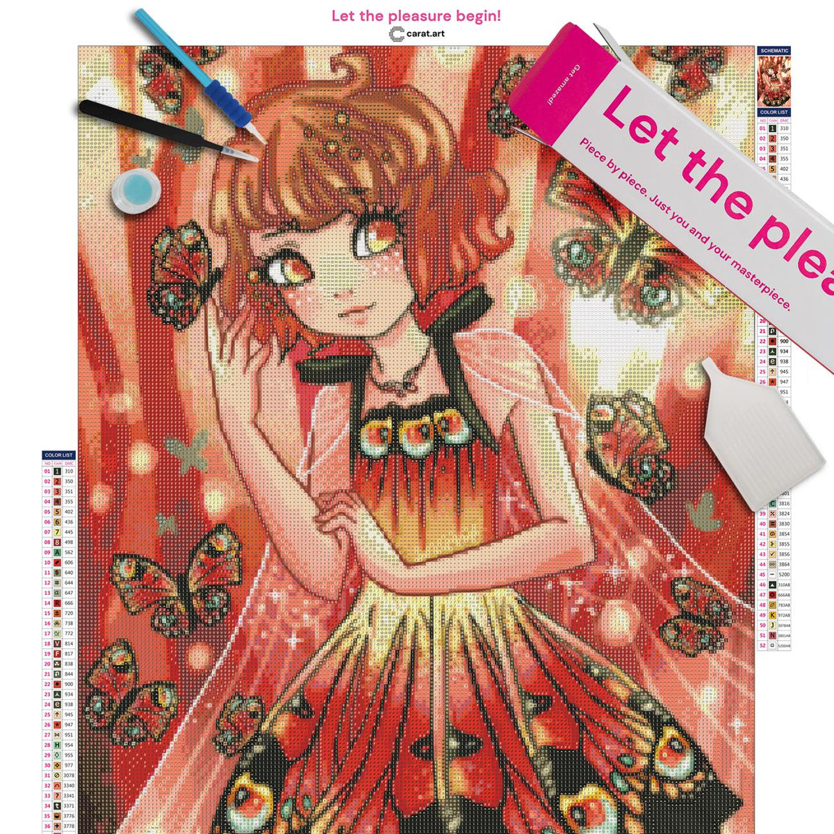 Diamond Painting Set mit Mädchen im Schmetterlingskleid und transparentem Umhang vor einem roten Waldhintergrund inklusive Leinwand, cearat.com Karton und hochwertigem Zubehör