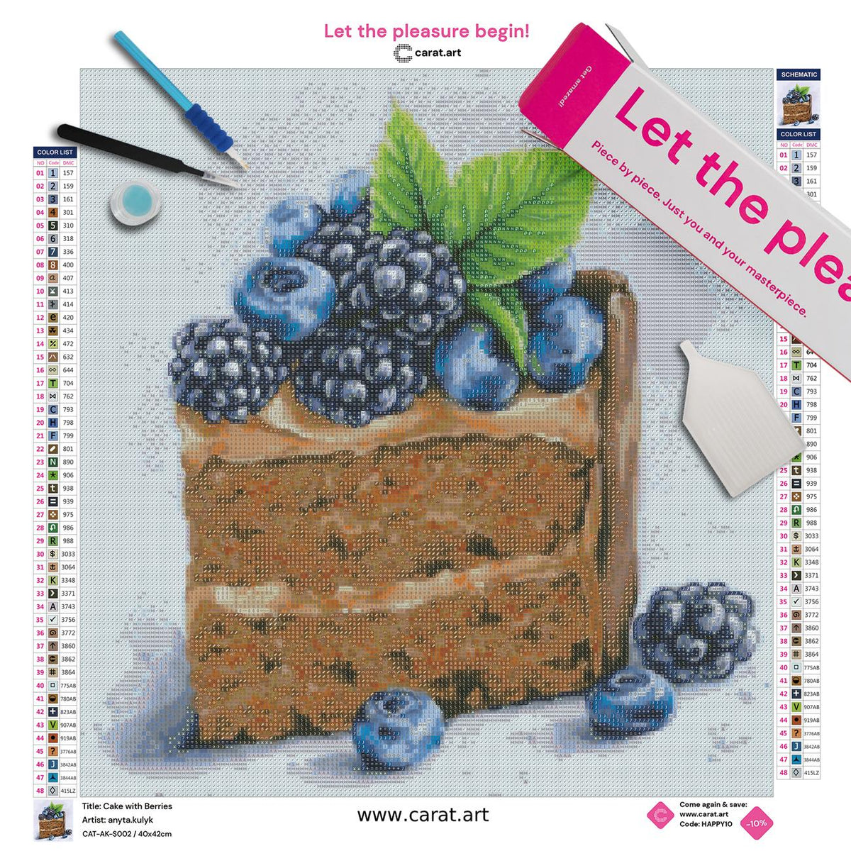 Diamond Painting Set mit Schokotorte, Brombeeren, Blaubeeren und Minzblatt inklusive Leinwand, cearat.com Karton und hochwertigem Zubehör