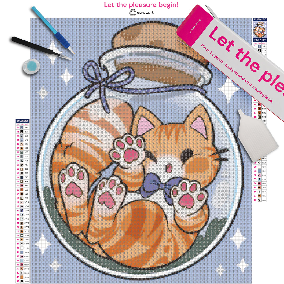 Diamond Painting Set mit niedlichem orangefarbenem Kätzchen im Glasflakon, lila Fliege und funkelndem Sternenstaub inklusive Leinwand, Diamond Painting Zubehör und cearat.com Box