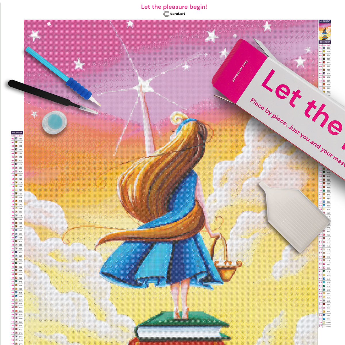 Diamond Painting Set mit Mädchen im blauen Kleid, Bücherstapel und Stern inklusive Leinwand, cearat.com Karton und hochwertigem Zubehör