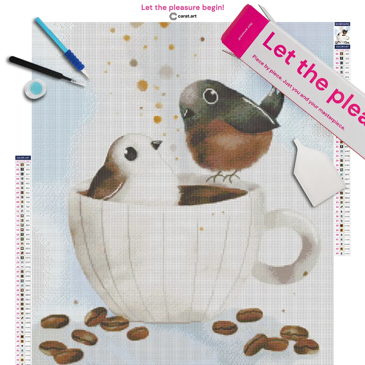 Diamond Painting Set mit Kaffee Motiv und niedlichen Vögeln auf Leinwand, mit cearat.com Karton und hochwertigem Zubehör
