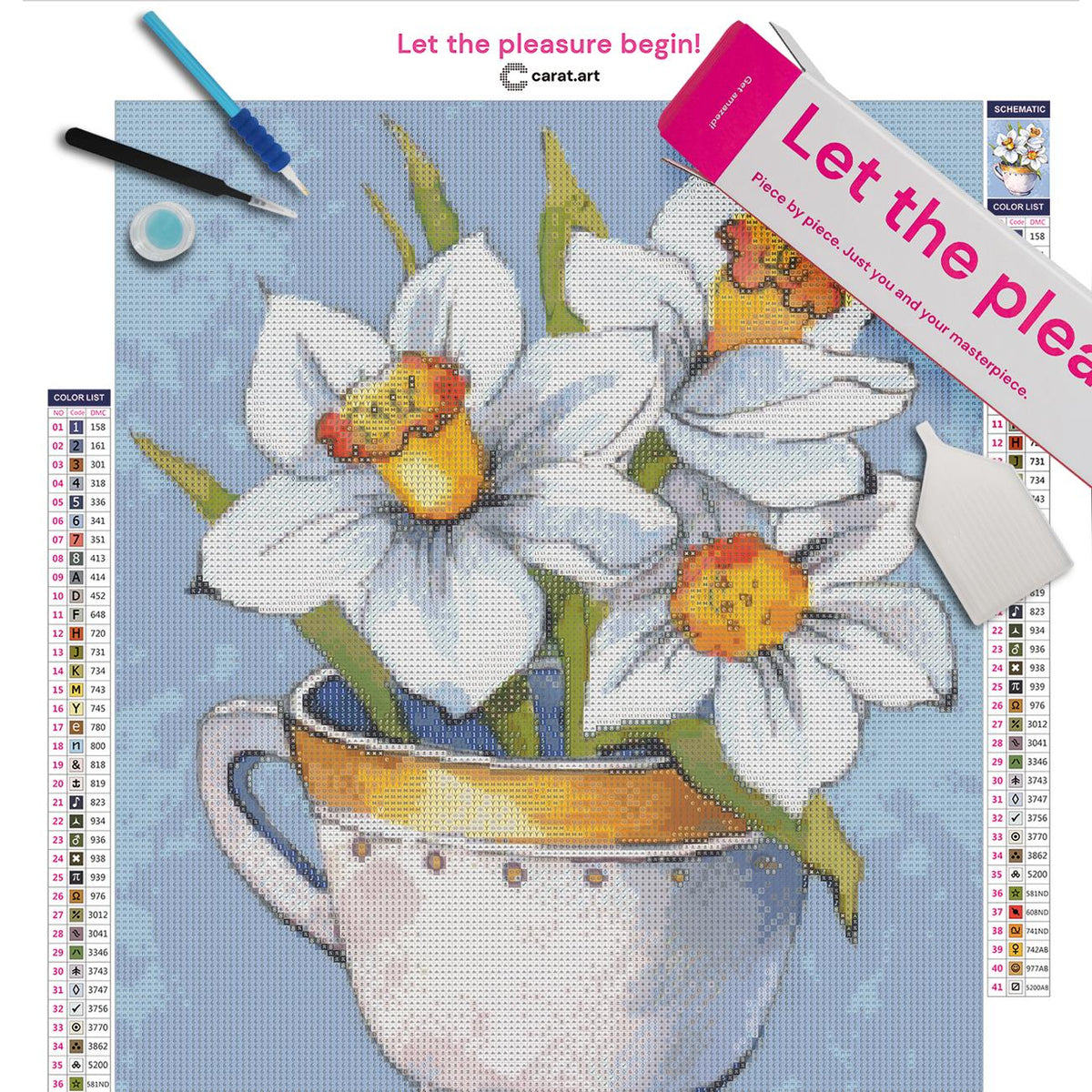 Diamond Painting Set mit weiß-gelben Narzissen in einer dekorativen Tasse inklusive Leinwand, cearat.com Karton und hochwertigem Zubehör