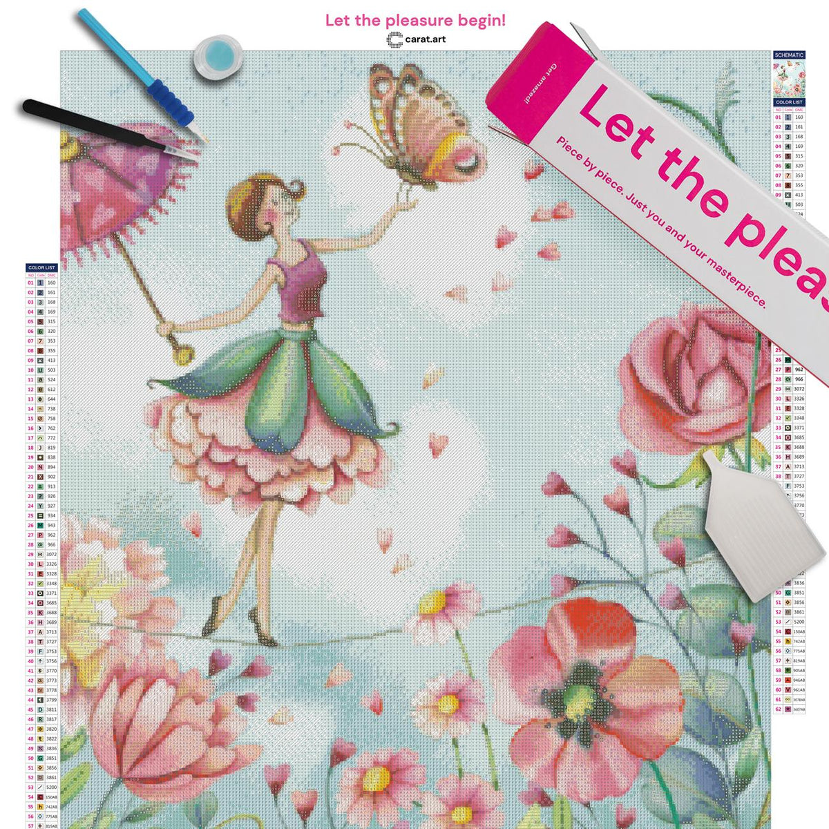 Diamond Painting Set mit Blumenballerina und Schmetterling inklusive Leinwand, cearat.com Karton und hochwertigem Zubehör