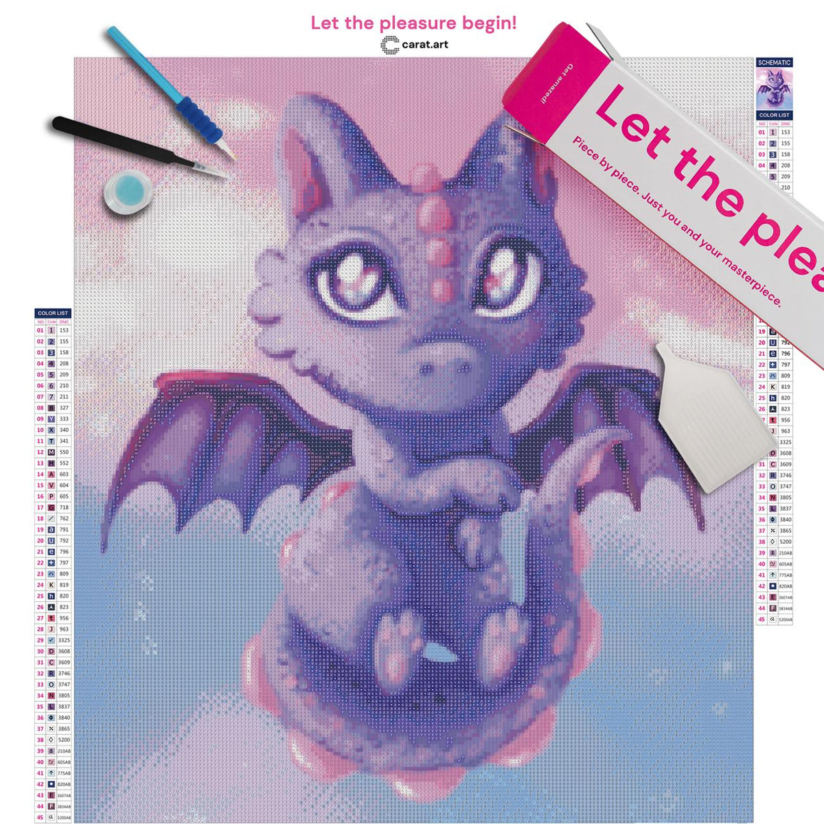 Diamond Painting Bastelset mit lila Drachen Motiv inklusive Leinwand, cearat.com Karton und hochwertigem Zubehör