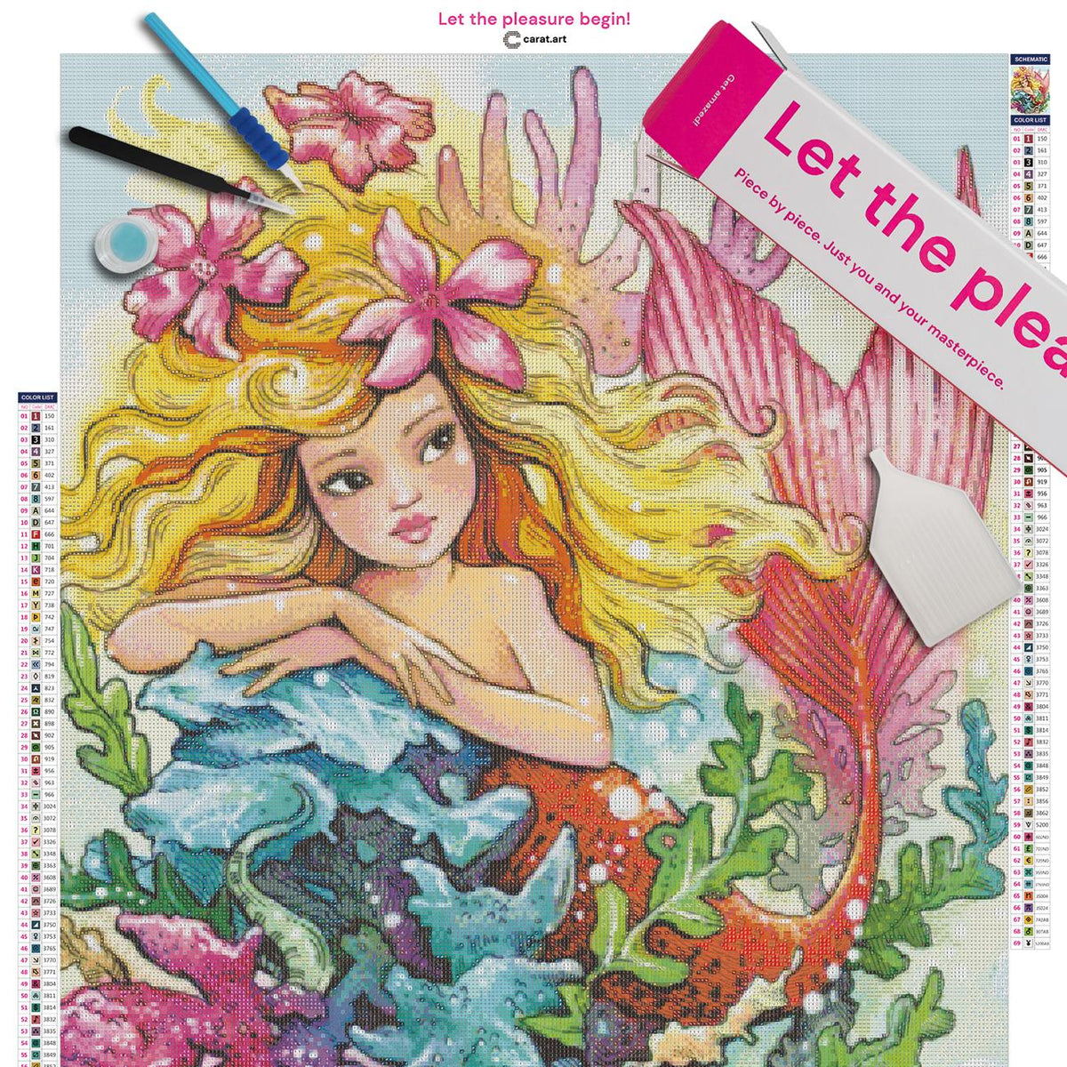Diamond Painting Set mit Meerjungfrau, pinken Blüten, goldenen Haaren und roter Schwanzflosse inklusive Leinwand, cearat.com Karton und hochwertigem Zubehör