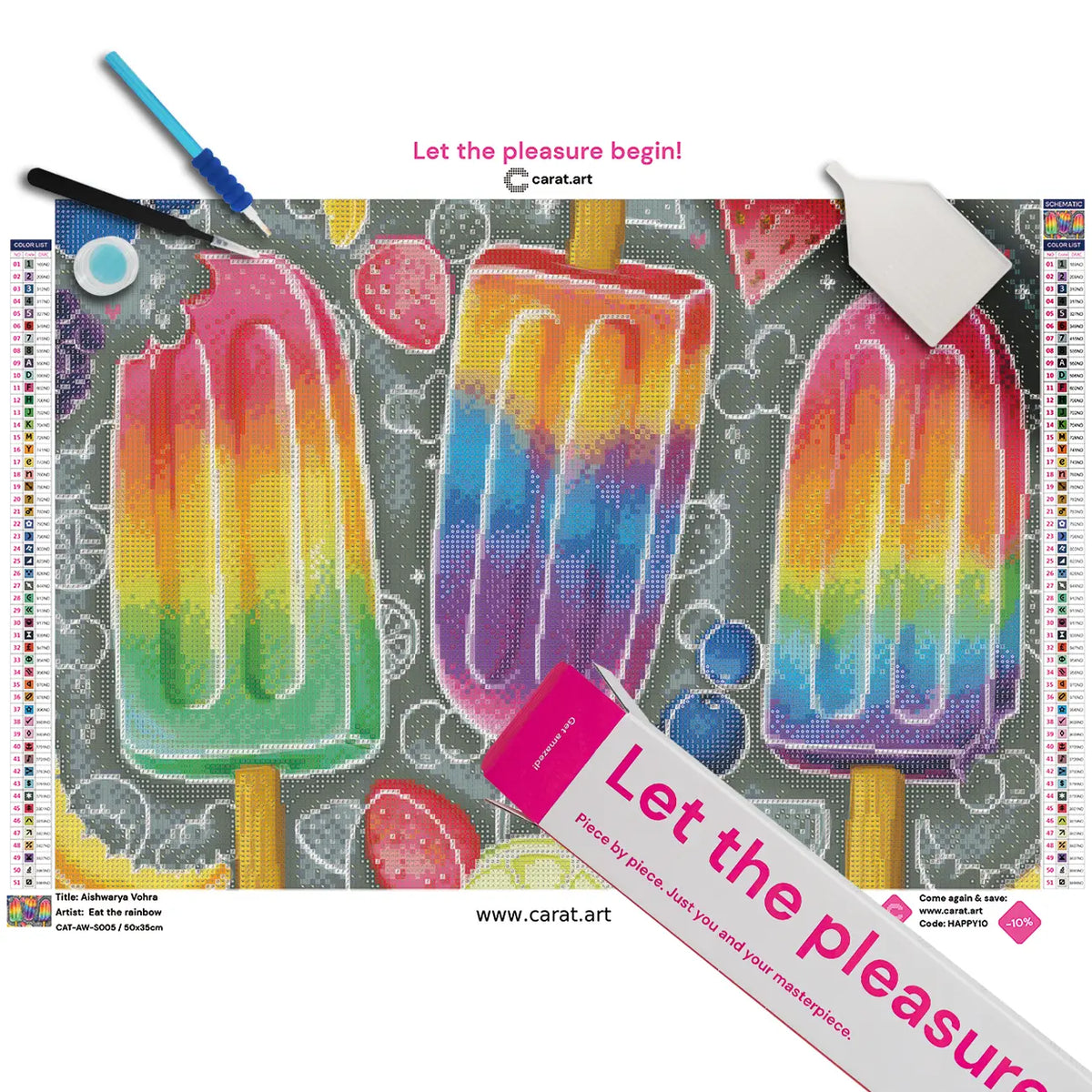 Diamond Painting Set mit buntem Eis am Stiel auf Leinwand, mit cearat.com Karton und hochwertigem Zubehör