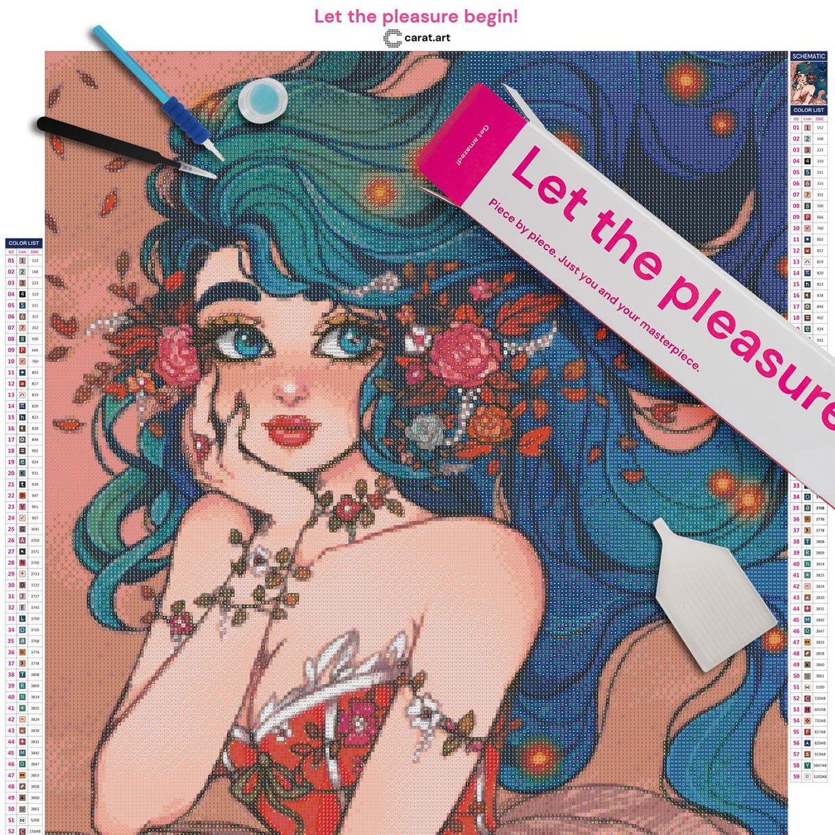 Diamond Painting Set mit Flora Mädchenportrait und Blumenmotiv inklusive Leinwand, cearat.com Karton und Zubehör