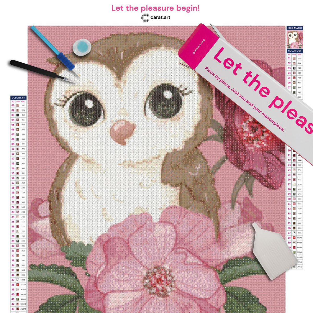 Diamond Painting Set mit Eule und Rosenmotiv in Rosa inklusive Leinwand, cearat.com Karton und hochwertigem Zubehör