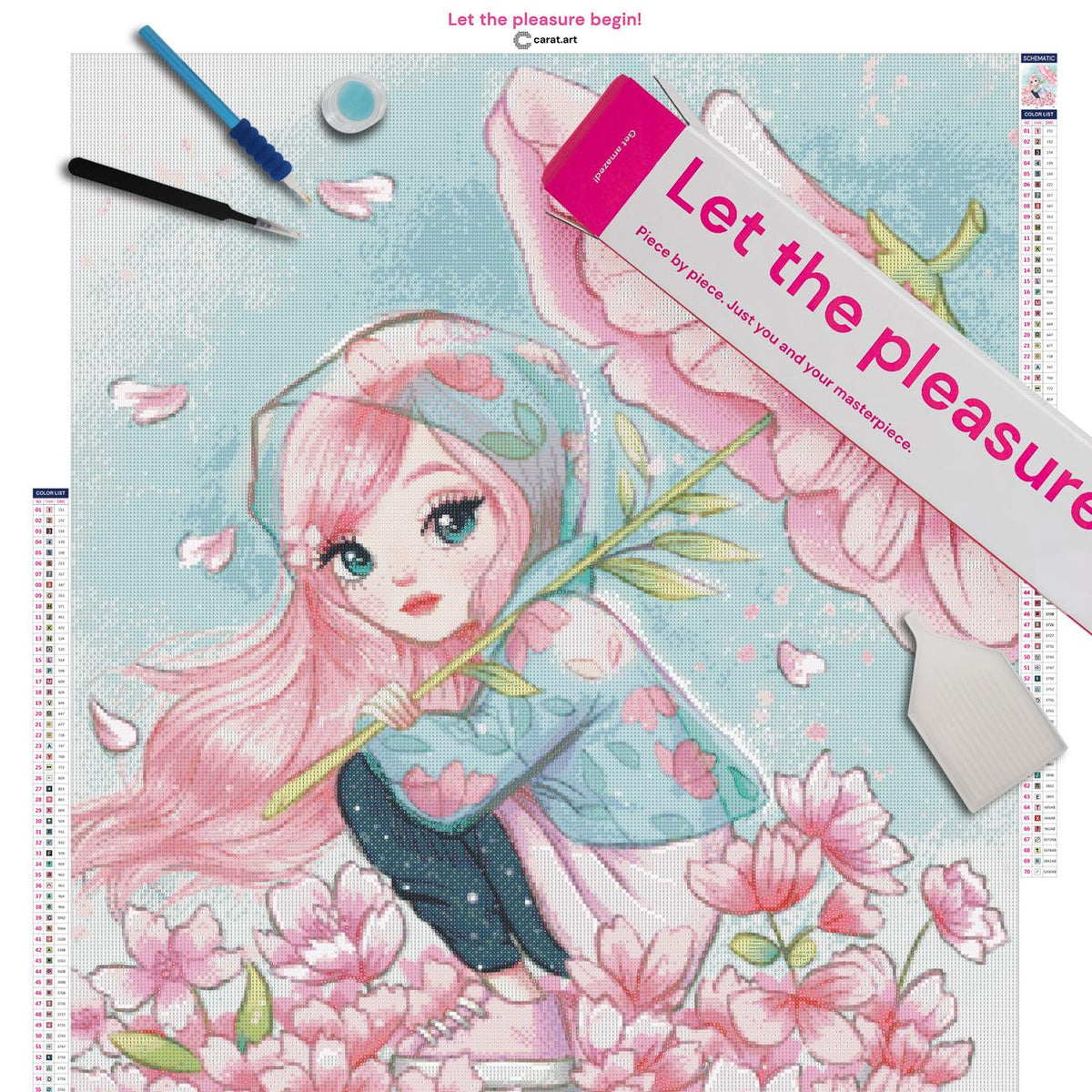 Diamond Painting Set mit Mädchen, Blütenschirm und geblümtem Regenmantel inklusive Leinwand, cearat.com Karton und hochwertigem Zubehör