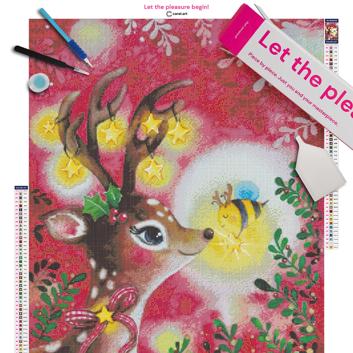 Premium Diamond Painting Set mit Weihnachtsmotiv, Reh, Biene und Mistelzweigen inklusive Leinwand, cearat.com Karton und hochwertigem Zubehör