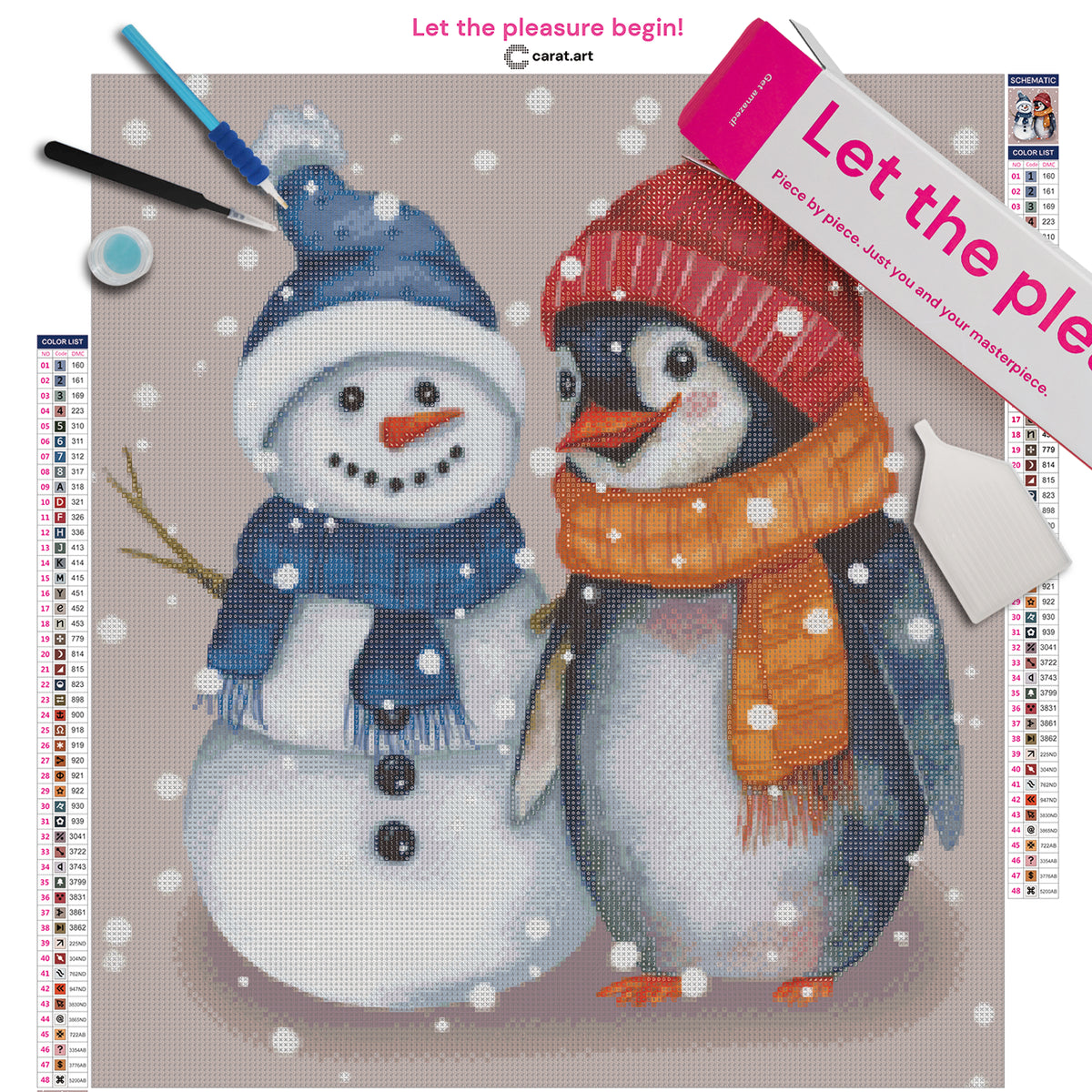Diamond Painting Set mit kleinem Pinguin und kleinem Schneemann, beide mit Schal und Mütze, umgeben von tanzenden Schneeflocken inklusive Leinwand, cearat.com Karton und hochwertigem Zubehör