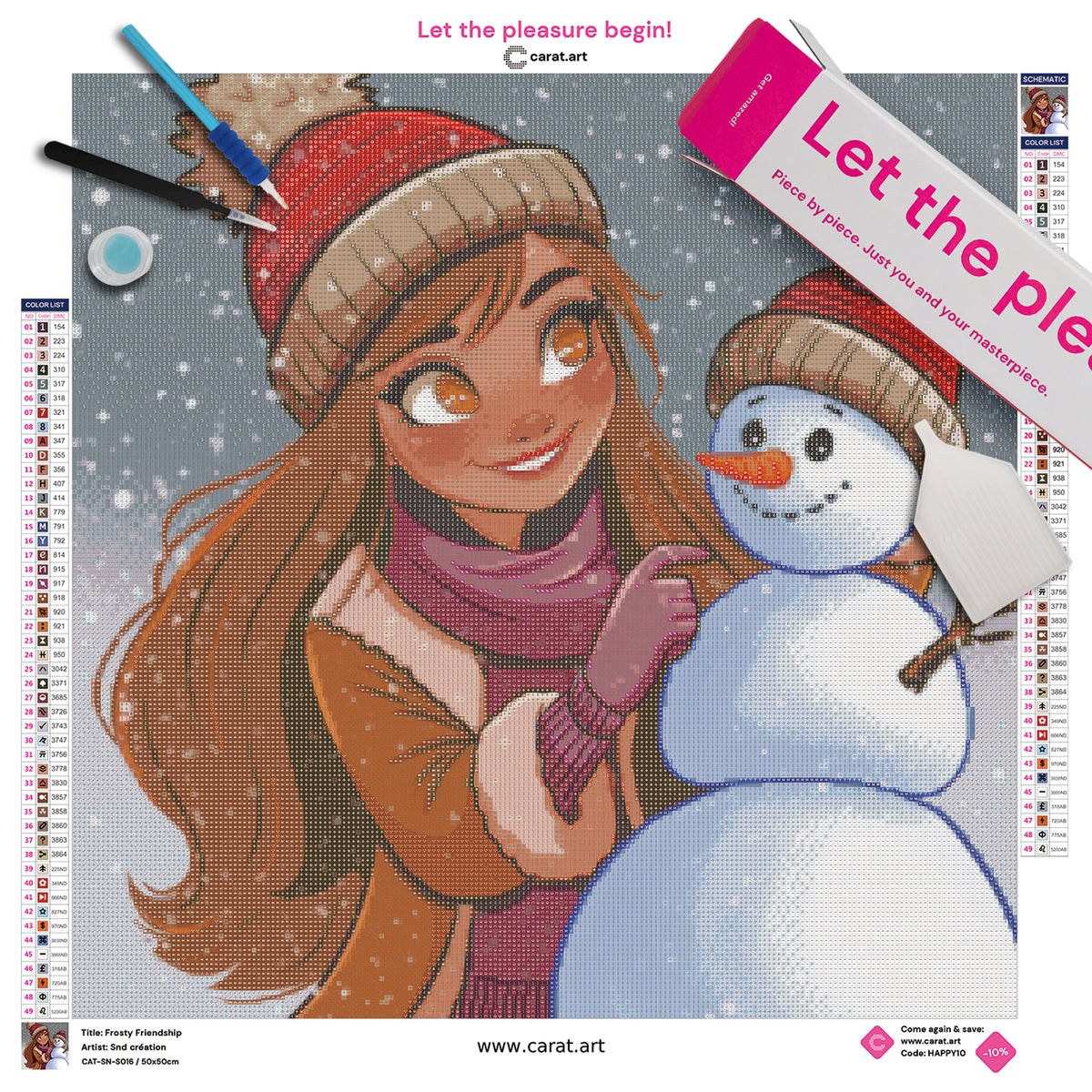 Diamond Painting Set mit Mädchen mit langen braunen Haaren und Schal und einem Schneemann mit passenden Mützen, die sich lächelnd ansehen, umgeben von fallenden Schneeflocken inklusive Leinwand, cearat.com Karton und hochwertigem Zubehör