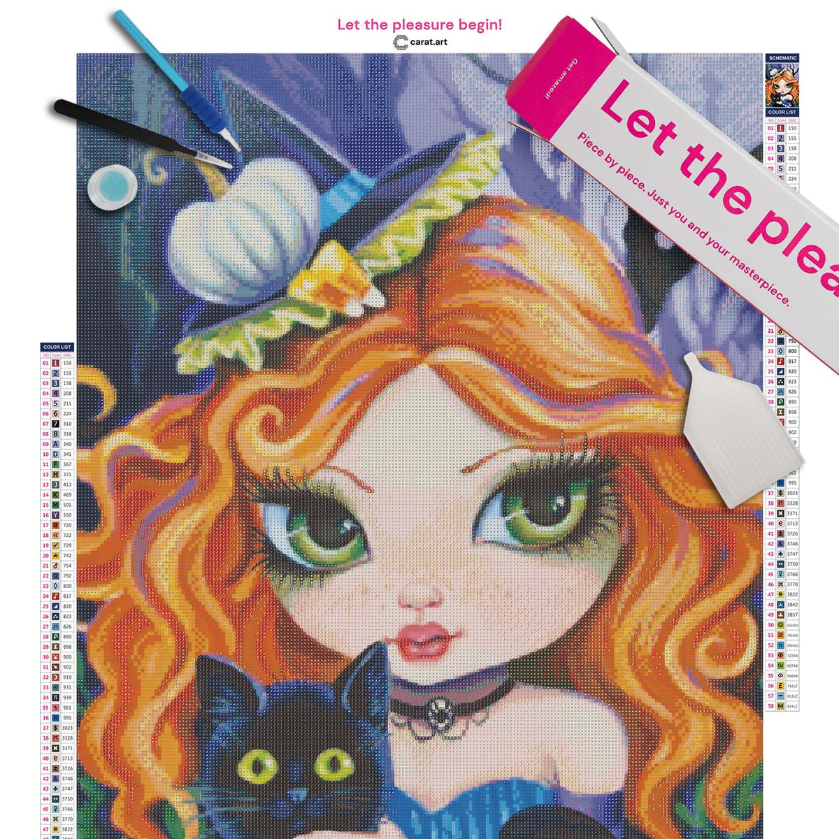 Diamond Painting Set mit rothaariger Hexe, dekoriertem Halloween-Hut und schwarzem Kater inklusive Leinwand, cearat.com Karton und hochwertigem Zubehör