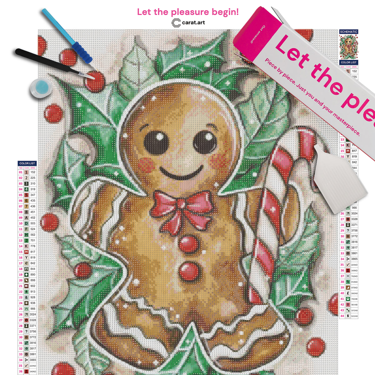 Diamond Painting Set mit Lebkuchenmann, weißer Verzierung, roter Schleife und roten Knöpfen, grünen Blättern, roten Beeren und einer Zuckerstange inklusive Leinwand, cearat.com Karton und hochwertigem Zubehör