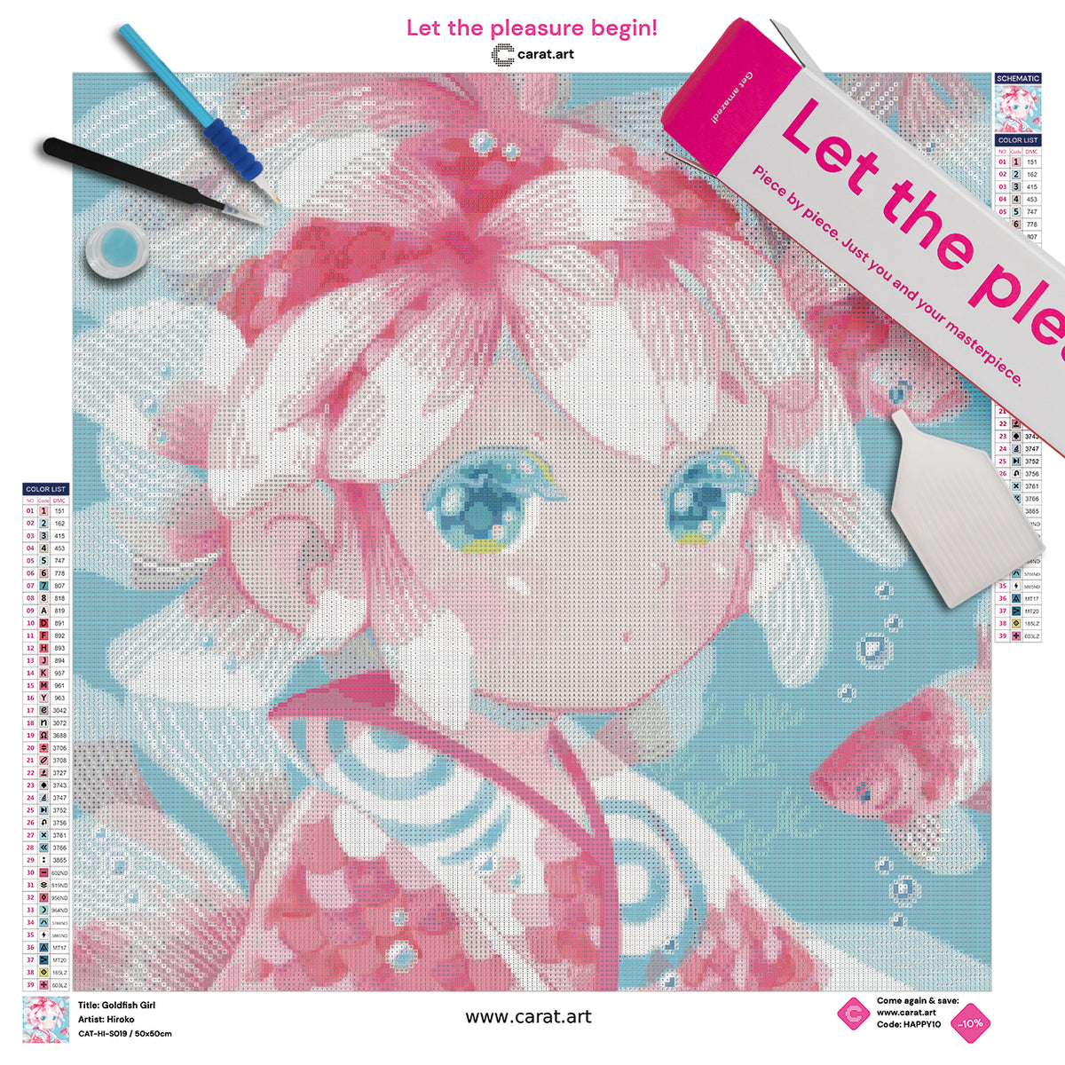 Diamond Painting Set mit märchenhaftem Mädchen im Kimono, zarten Blüten auf dem Kopf und pastellfarbenen Goldfischen in einer Unterwasserwelt inklusive Leinwand, cearat.com Karton und Zubehör