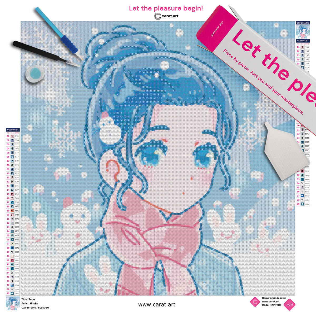 Diamond Painting Komplett-Set mit Mädchen im Schnee, rosa Schal, Schneehäschen und Schneemann in pastellfarbenem Hiroko-Stil inklusive Leinwand, Diamond Painting Werkzeug und cearat.com Karton