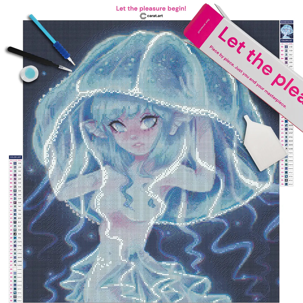 Diamond Painting Set mit Quallenmädchen und Unterwasser Motiv auf Leinwand, mit cearat.com Karton und hochwertigem Zubehör