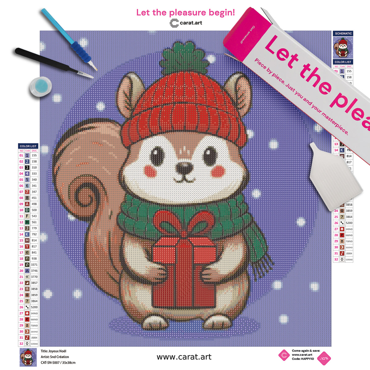 Diamond Painting Set mit süßem Weihnachts Eichhörnchen und Wintermotiv inklusive Leinwand, cearat.com Karton und Zubehör
