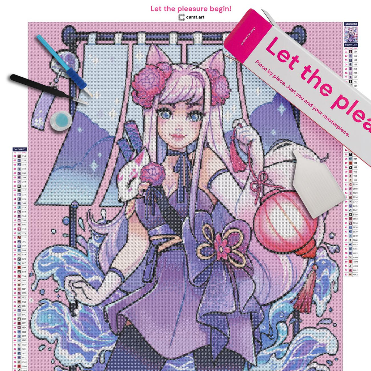 Premium Diamond Painting Set mit Kitsune Mädchen und japanischem Fantasy Motiv inklusive Leinwand, cearat.com Karton und hochwertigem Zubehör