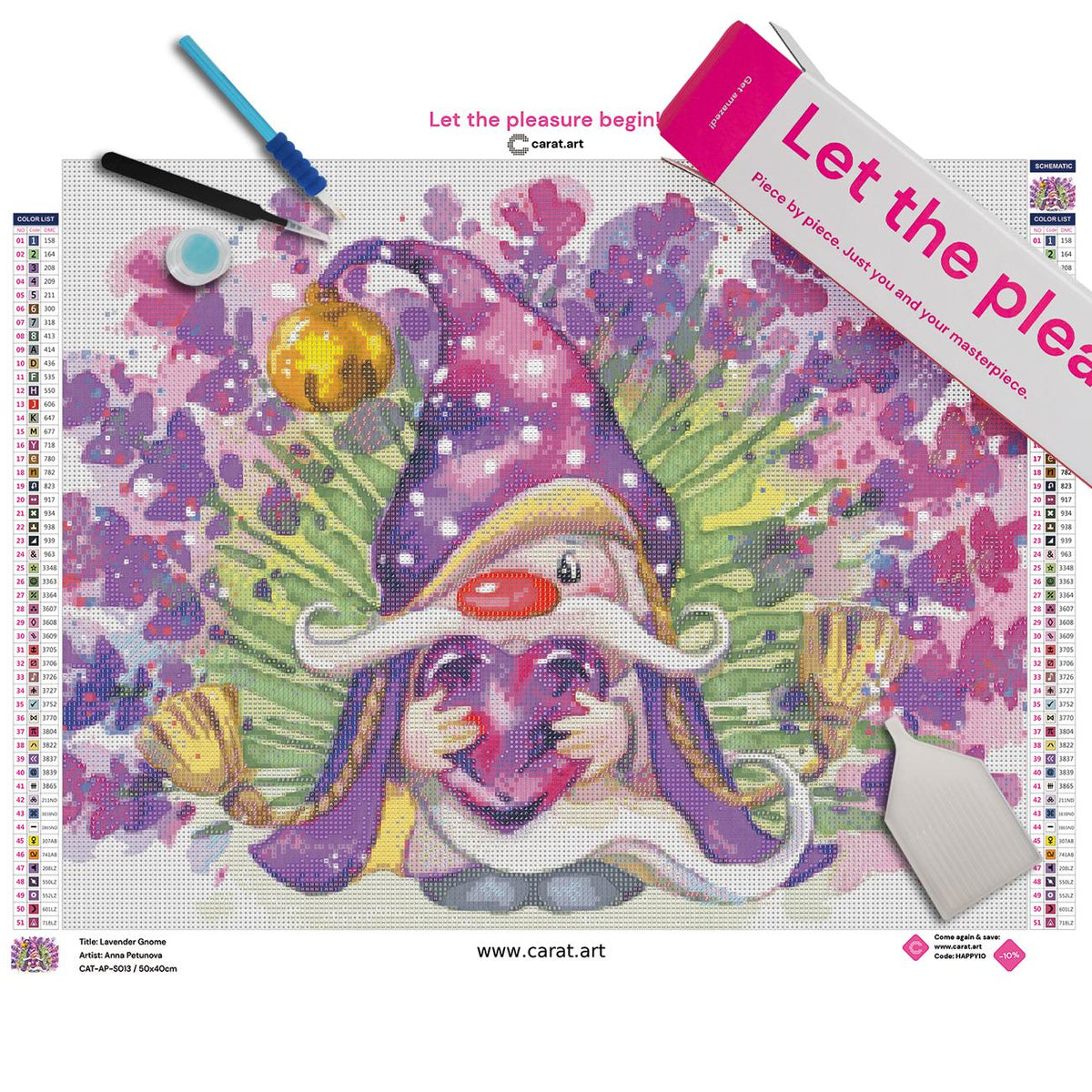 Diamond Painting Set mit Lavendel-Gnom, gepunkteter lila Mütze, Glöckchen und herzförmigem Amethysten inklusive Leinwand, cearat.com Karton und hochwertigem Zubehör
