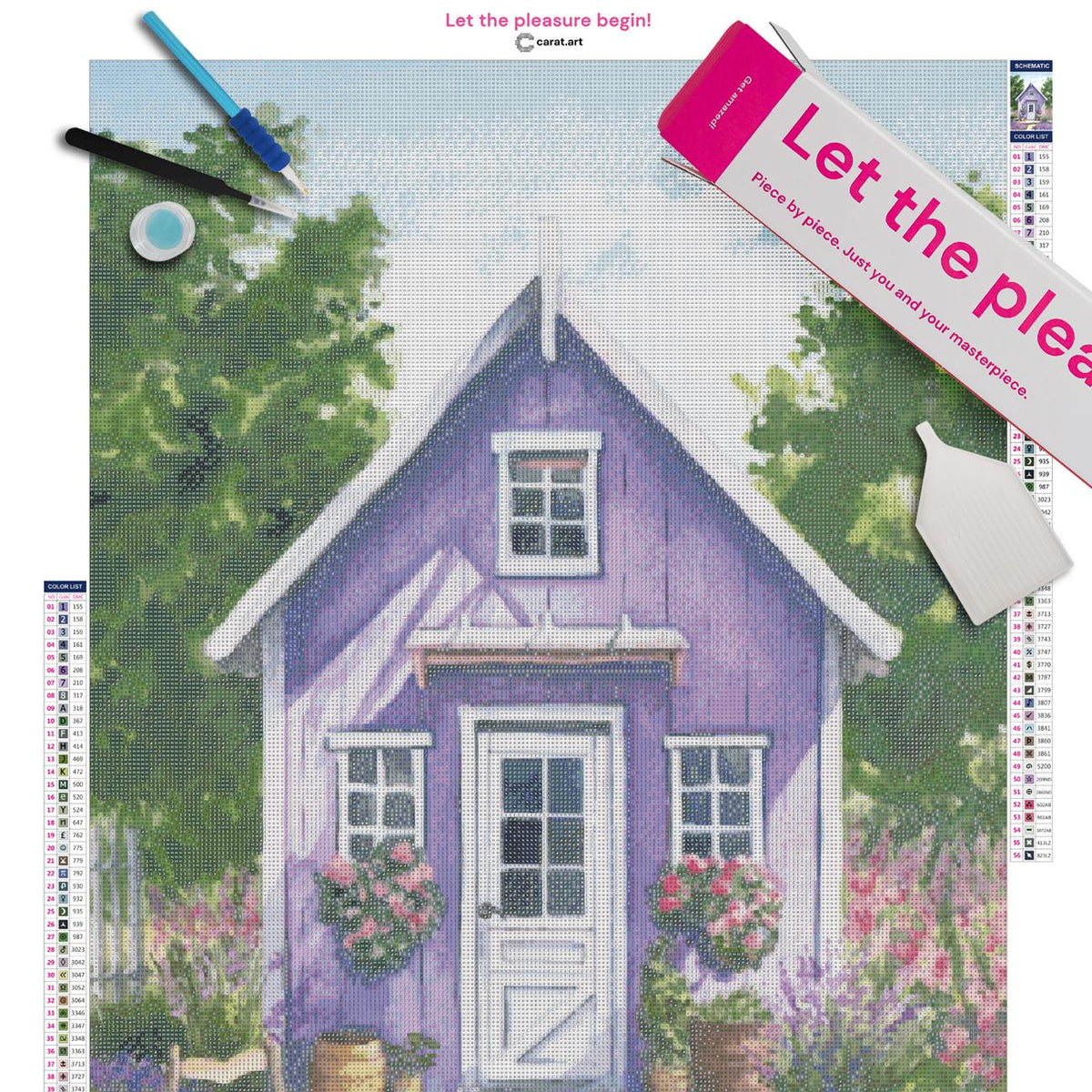 Diamond Painting Set mit lila Haus, Lavendelfeldern und bunten Blumen an den Fenstern inklusive Leinwand, cearat.com Karton und hochwertigem Zubehör