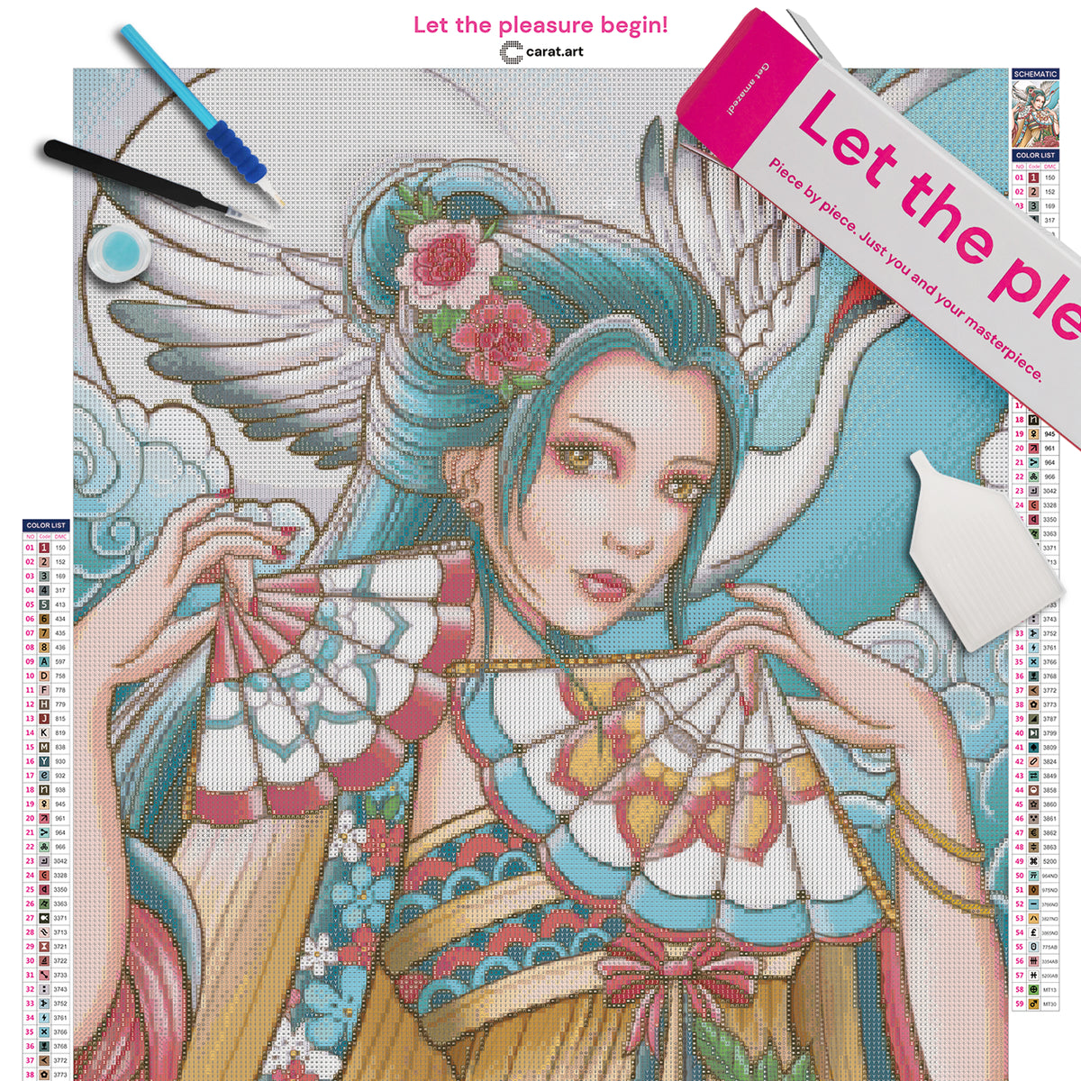 Diamond Painting Set mit asiatischer Schönheit im Kimono, Blumen im Haar und Fächern, begleitet von einem fliegenden Kranich vor einem Vollmond inklusive Leinwand, cearat.com Karton und hochwertigem Zubehör
