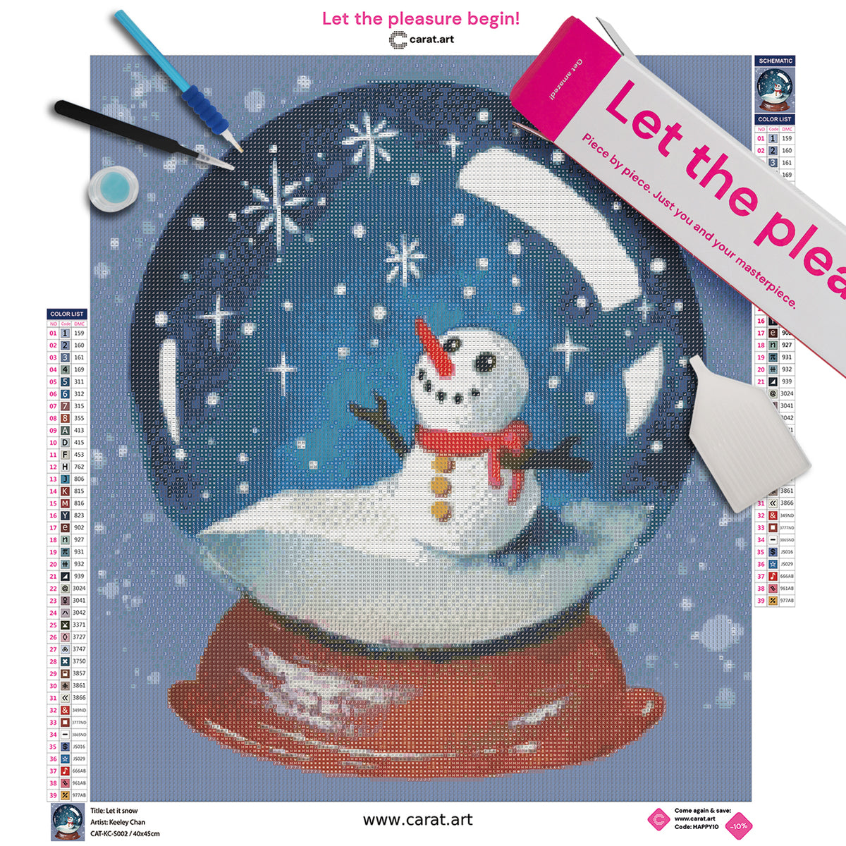 Diamond Painting Set mit Schneemann in einer Schneekugel, funkelnden Schneeflocken und Sternen sowie dekorativer Holzbasis inklusive Leinwand, cearat.com Karton und hochwertigem Zubehör