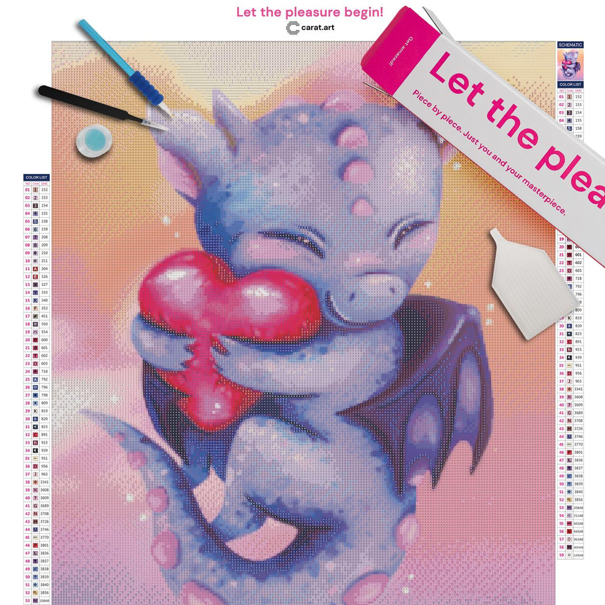 Diamond Painting Set mit kleinem lila Drachen mit Flügeln und rotem Herz, das er liebevoll in seinen Armen hält und an sich drückt, inklusive Leinwand, cearat.com Karton und hochwertigem Zubehör