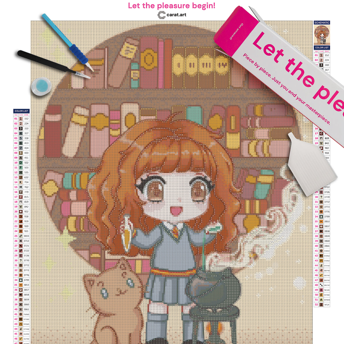 Diamond Painting Komplett-Set mit kleiner Hexenschülerin, Katze, Zauberkessel und Zauberphiolen in einer magischen Bibliothek inklusive Diamond Painting Zubehör und cearat.com Box