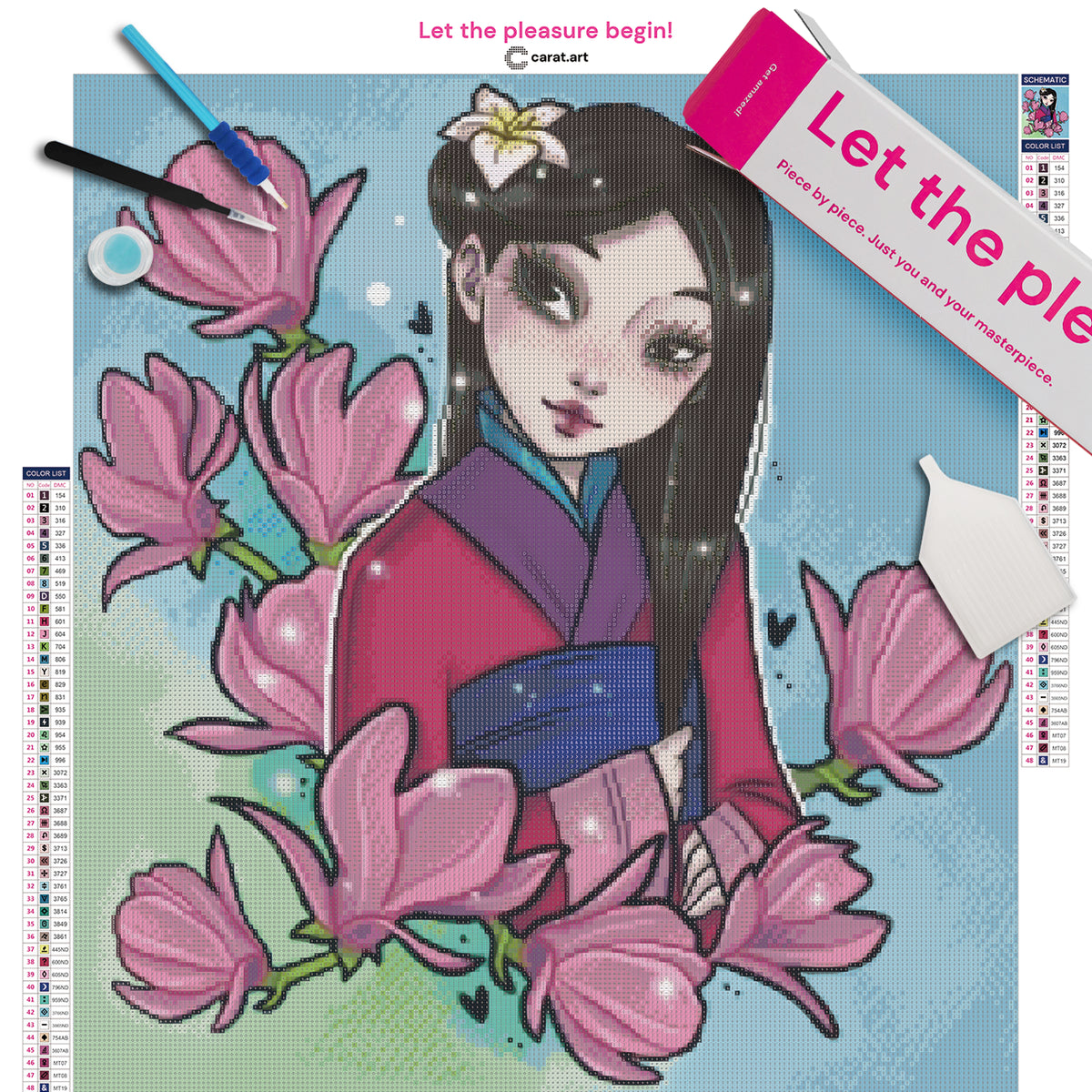 Diamond Painting Set mit Mulan mit dunklen Haaren und dunklen Augen im Kimono, einer Blüte im Haar und Ästen mit zahlreichen Magnolienblüten inklusive Leinwand, cearat.com Karton und hochwertigem Zubehör
