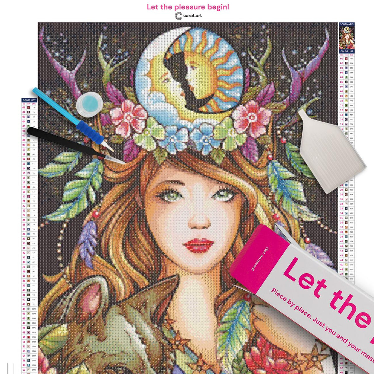 Diamond Painting Set mit Mädchen, Geweih und Wolfshund inklusive Leinwand, cearat.com Karton und hochwertigem Zubehör