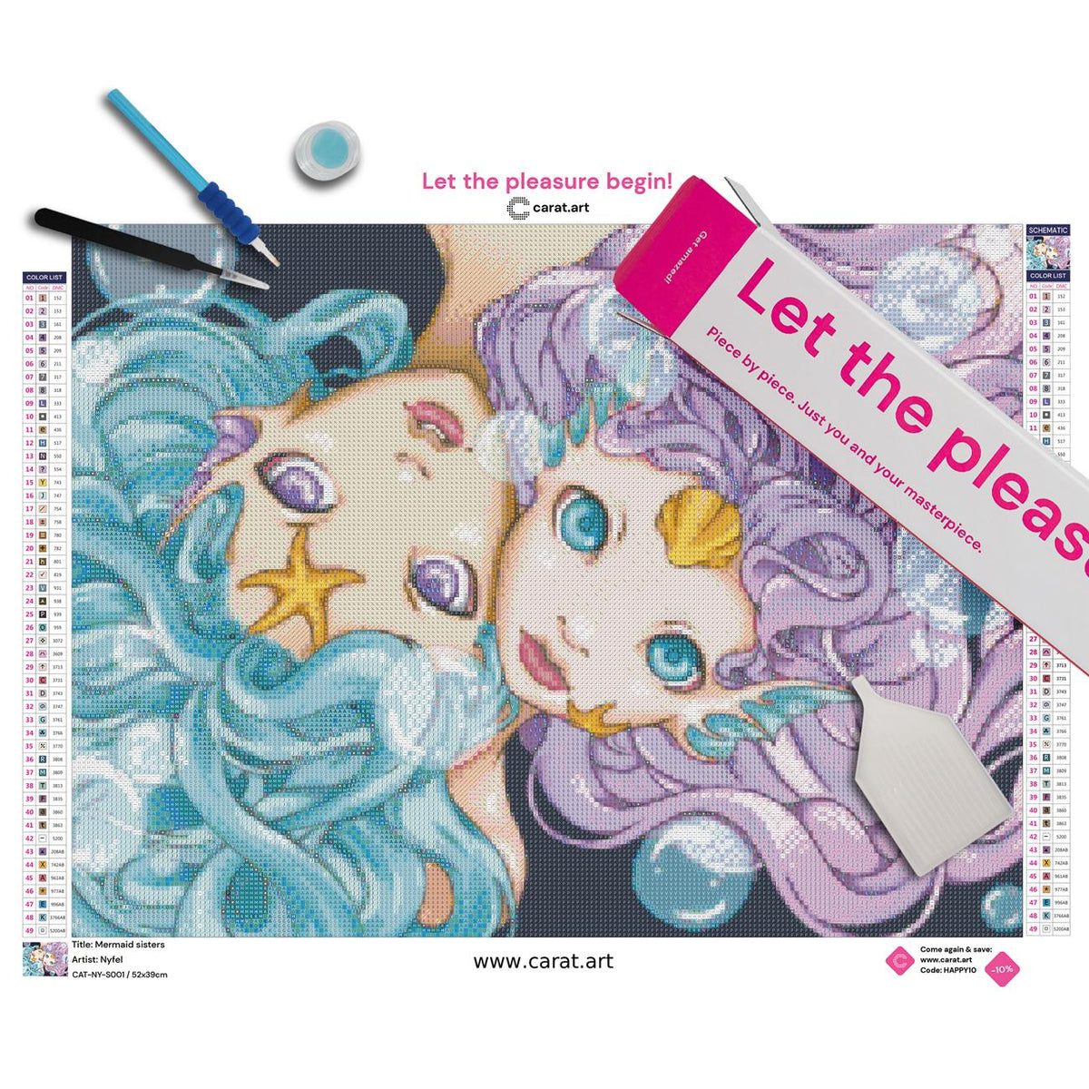 Diamond Painting Set mit Mermaid Sisters Fantasy Motiv inklusive Leinwand, cearat.com Karton und hochwertigem Zubehör