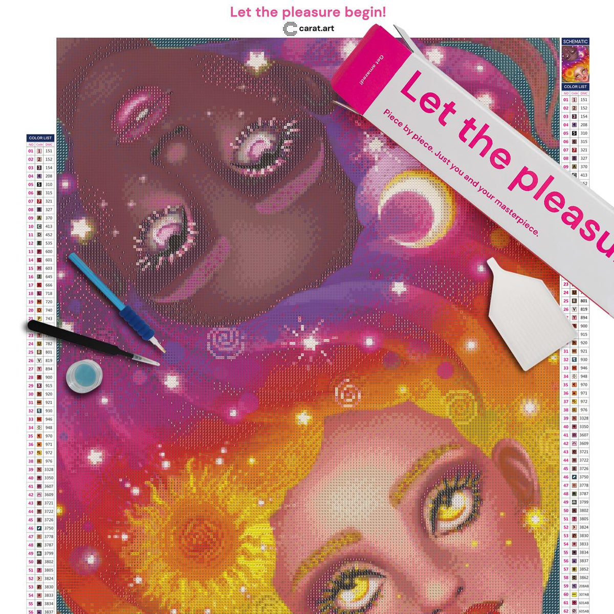 Diamond Painting Set mit Mond- und Sonnensymbol, zwei kontrastreichen Gesichtern und ineinander übergehenden Haaren inklusive Leinwand, cearat.com Karton und hochwertigem Zubehör