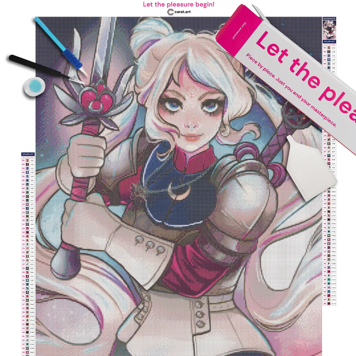 Diamond Painting Set mit Anime Mondkriegerin und Schwert Motiv auf Leinwand, mit cearat.com Karton und hochwertigem Zubehör