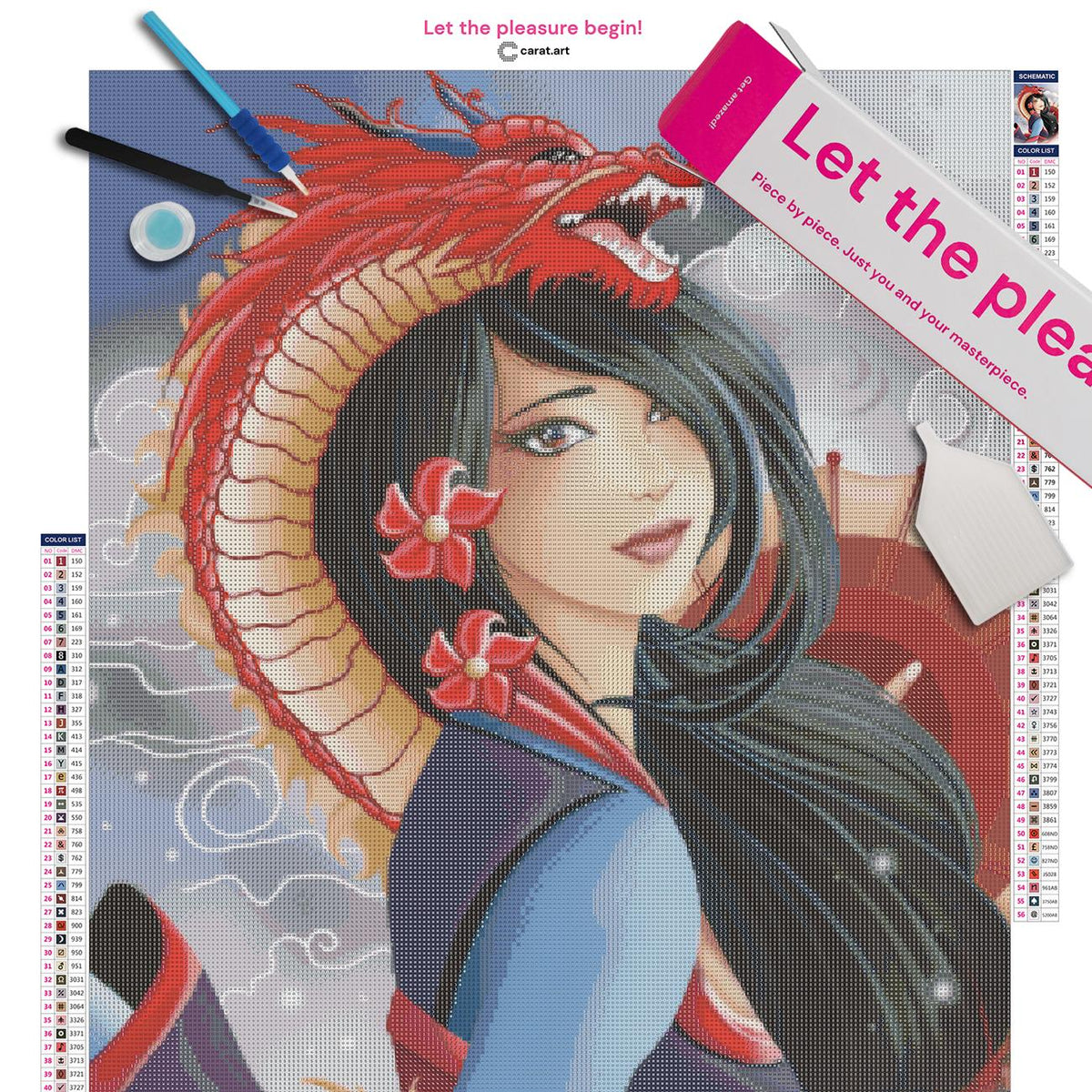 Diamond Painting Set mit Mulan Motiv und rotem Drachen inklusive Leinwand, cearat.com Karton und hochwertigem Zubehör