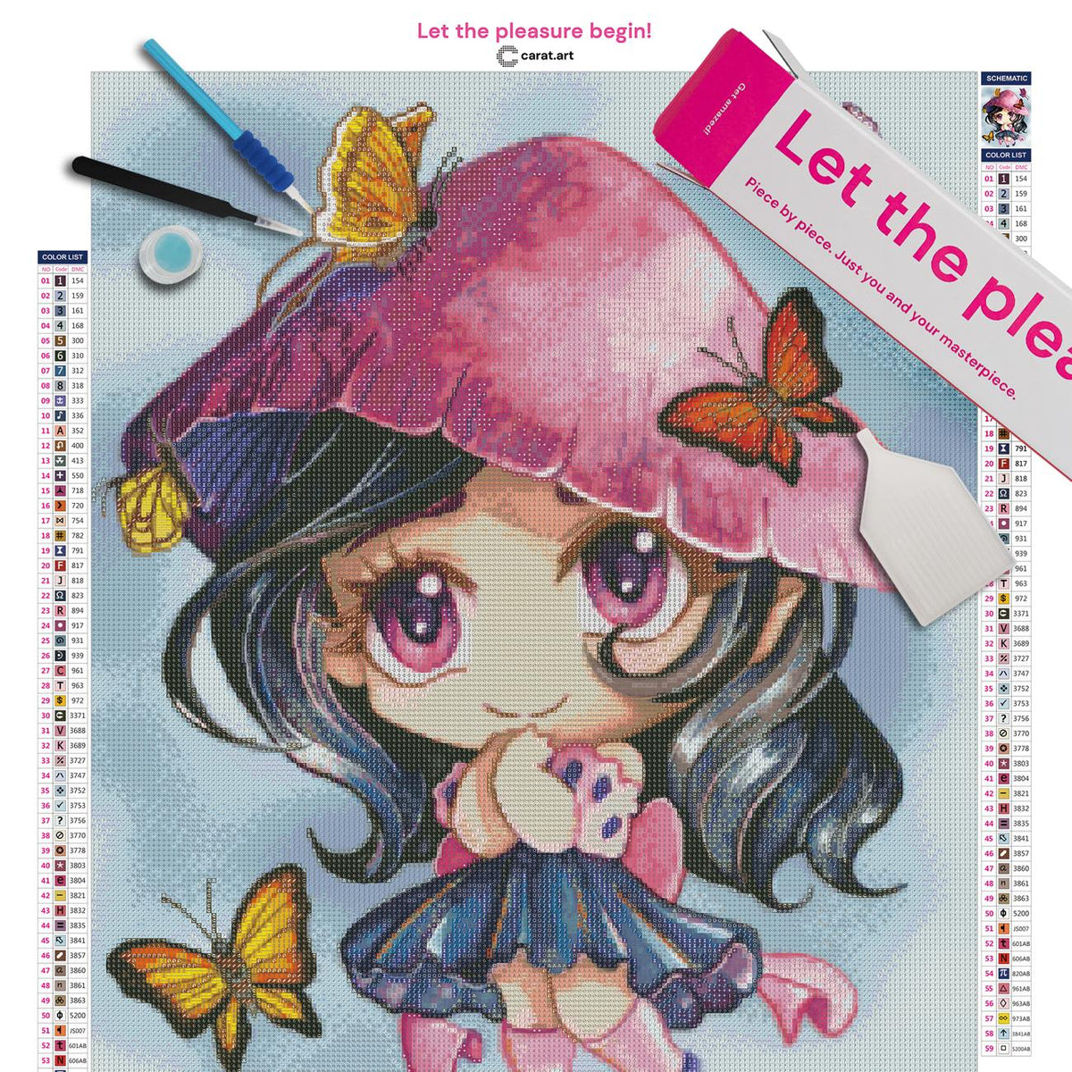 Premium Diamond Painting Set mit kleiner Chibi Figur und Schmetterlingen inklusive Leinwand, cearat.com Karton und hochwertigem Zubehör