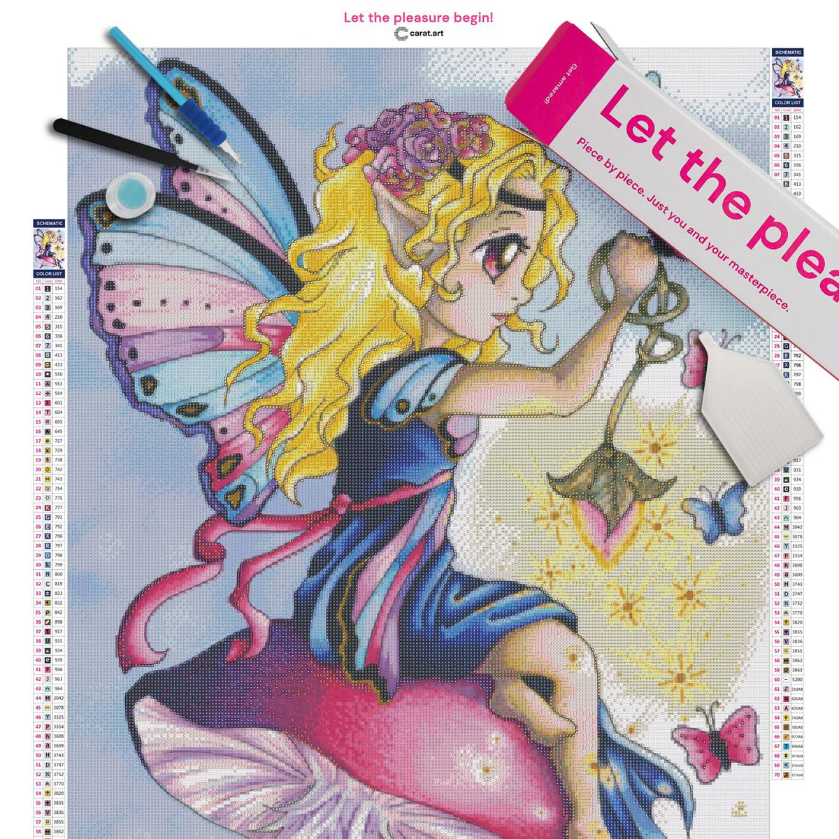 Diamond Painting Set mit Schmetterlingsfee, magischem Pilz und bunten Schmetterlingen inklusive Leinwand, cearat.com Karton und hochwertigem Zubehör