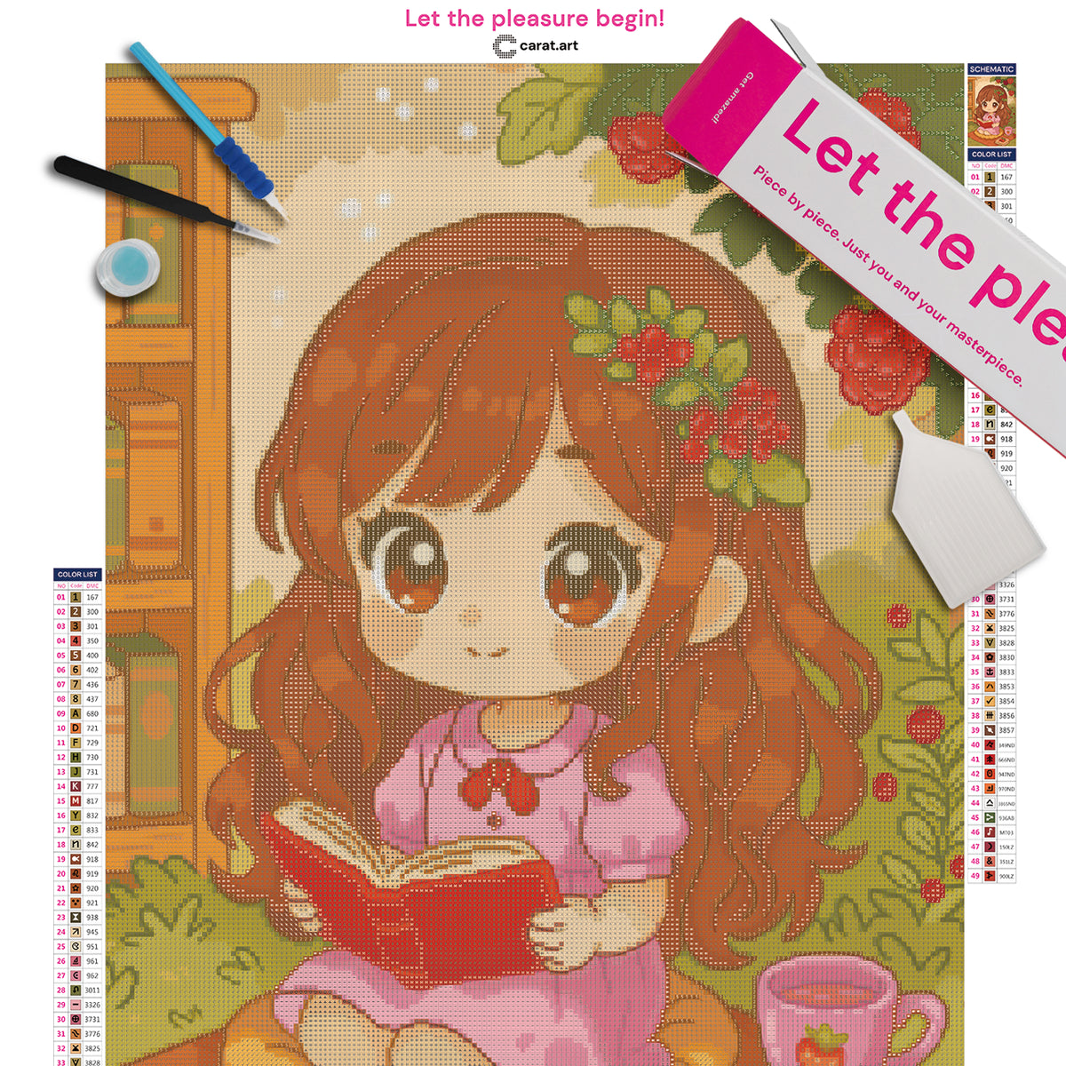 Diamond Painting Set mit lesendem Mädchen im rosa Kleid, Beerenbüschen, Picknickdecke und Tasse Erdbeertee inklusive Leinwand, Diamond Painting Zubehör und cearat.com Box