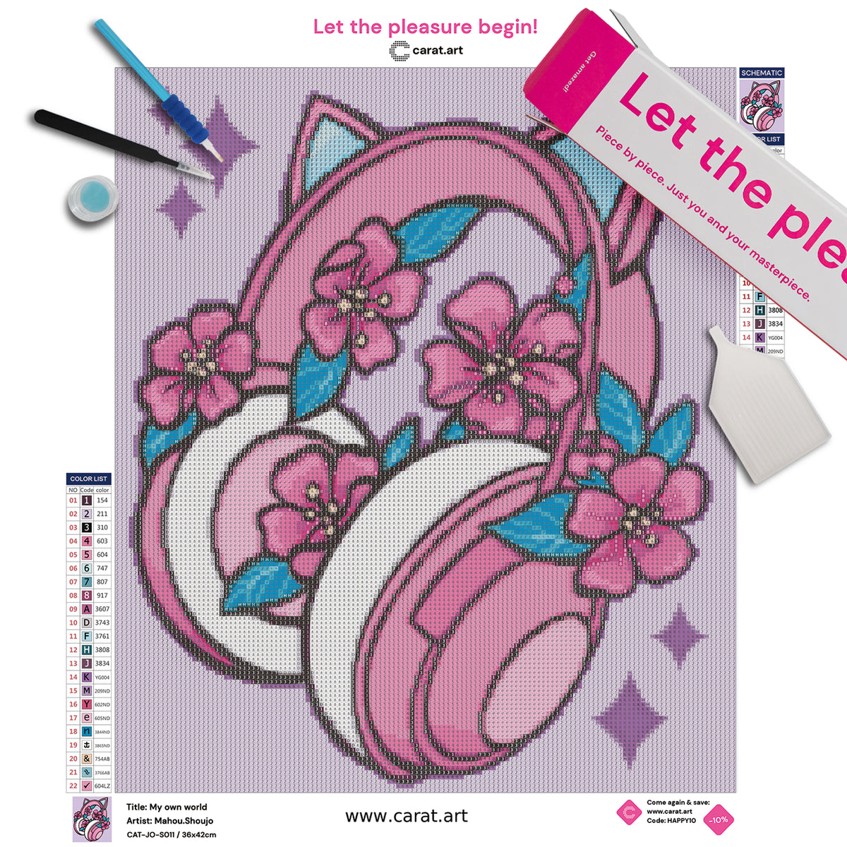 Diamond Painting Set mit Kawaii Kopfhörer Motiv inklusive Leinwand, cearat.com Karton und hochwertigem Zubehör